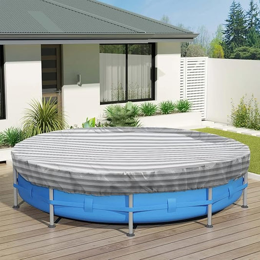 ECOOPTS 8 ft Round Pool Cover for Above Ground Pools, Swimming Pool Cover Protector Winter Safety Cover (Gray White Stripes)