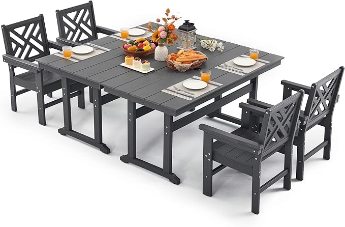 6 Piece HDPE Outdoor Dining Set for 4 Patio Dining Furniture Set with Umberlla Hole, Weather Resistent Outdoor Table and Chairs for Garden, Poolside, Backyard, Deck, Grey