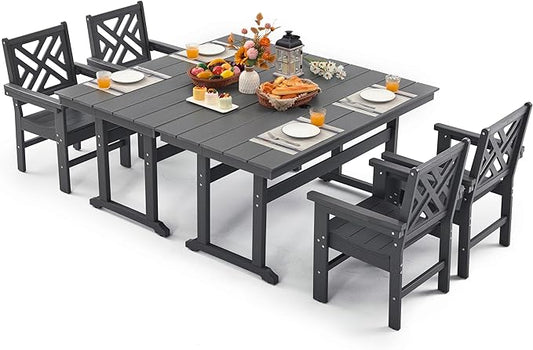 6 Piece HDPE Outdoor Dining Set for 4 Patio Dining Furniture Set with Umberlla Hole, Weather Resistent Outdoor Table and Chairs for Garden, Poolside, Backyard, Deck, Grey