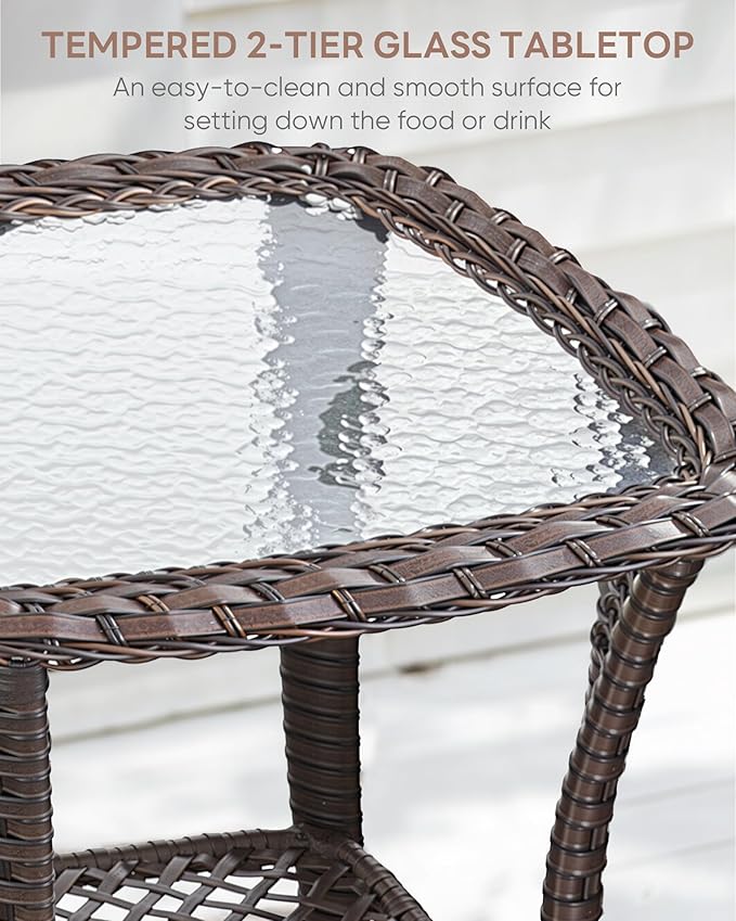 3 Piece Patio Swivel Chairs and Side Table Set - High Back Outdoor Brown Wicker Rattan Rocking Glider with Thick Cushions for Porch Apartment Deck Yard Poolside Garden - Peacock Blue