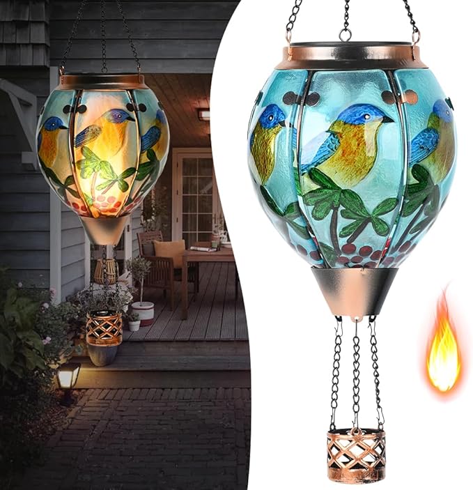 Hot Air Balloon Solar Lantern - Bluebird Glass Lantern, Simulated Flickering & Dancing Flame, Outdoor Hanging Yard Light Waterproof IP65 for Patio Lawn Porch Decor Gift