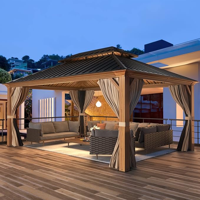 MELLCOM 12'x16' Hardtop Gazebo, Wood Grain Aluminum Frame Outdoor Gazebo with Double Galvanized Steel Roof, Permanent Metal Pavilion with Curtains and Nettings for Patio, Backyard, Deck and Lawns