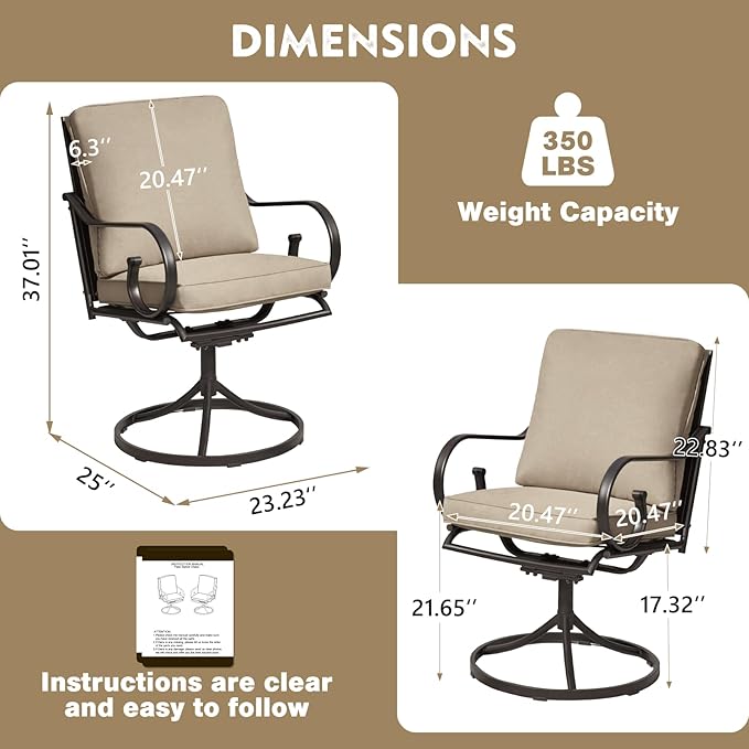 MELLCOM Patio Swivel Chair Set of 8, Heavy Duty Outdoor Dining Chairs with Thickened Cushions, Metal Patio Chairs Gentle Rocker for Outside, Garden Lawn & Porch, Backyard, Khaki