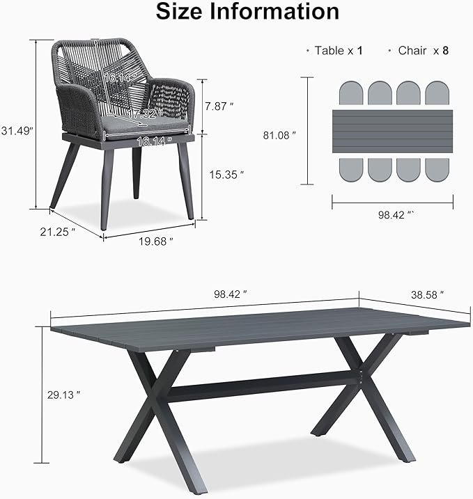 PURPLE LEAF Outdoor Patio Dining Set All-Weather PE Rattan Furniture Set with All Aluminum Frame Rectangular 9 Pieces Table and Chairs Set for 8 People Lawn Garden Backyard Deck, Grey