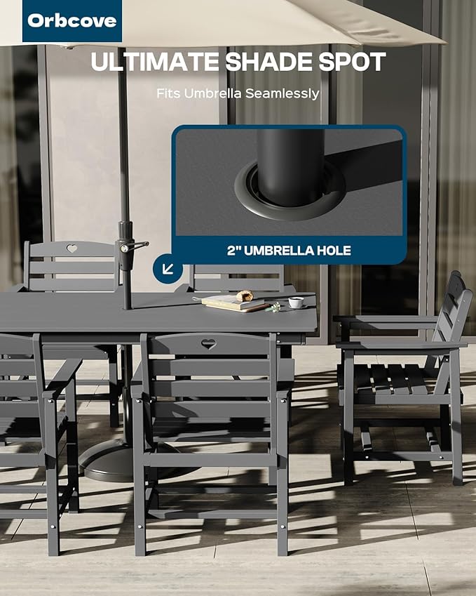 Patio Table and Chairs Set with Umbrella Hole, HDPE Patio Dining Set for 6, Outdoor Dining Set for Lawn, Patio, Porch, Deck, Poolside, Yard (Grey, 7-Piece)