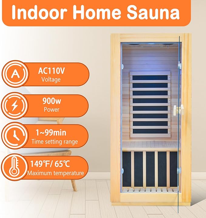 Home Far-Infrared Sauna Cabin Crafted from Canadian Hemlock Wood 900W Red Light Bluetooth Speaker Single-Person Indoor Model Dimensions: 28.35 × 32.28 × 61.42 inches