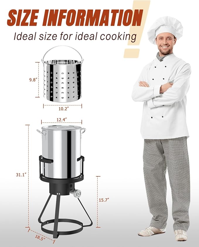 Outdoor Turkey Fryer Set 30QT | Stainless Steel Pot with 15QT Basket | Lid & Lifting Hook & Thermometer | 50,000BTU Propane Gas Burner | For Turkey, Crawfish, Crab, Shrimp & Lobster