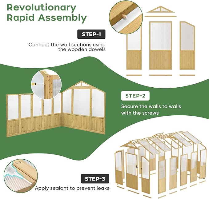 6 * 8 FT Wood Greenhouses for Outdoors Heavy Duty, Outdoor Greenhouse Kit with Adjustable Roof Vent and Reinforced Panels, Walk in Polycarbonate Greenhouse for Outside Garden & Backyard, Light Honey