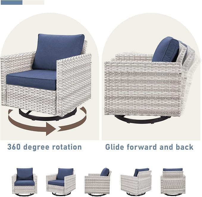 Outdoor Swivel Chairs Set of 4: Wicker Swivel Rocker Patio Chairs Set of 4, Swivel Rocker Outdoor Chair, Wicker Patio Furniture Sets, LightGrey/Blue