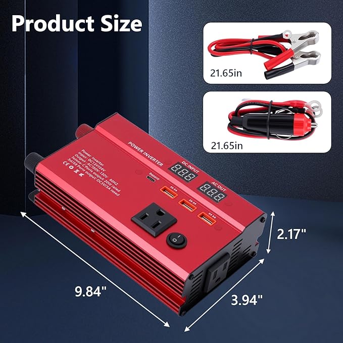 600W Car Power Inverter, 12V/24V Car Plug Adapter Outlet Converter with 1 Type C Port, 3 USB Ports, Dual AC Outlets for Cars Trucks US Plug (Red)