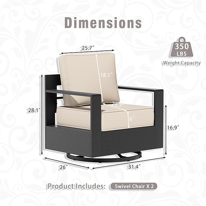 Aluminum Patio Swivel Chair - Outdoor 360°Swivel Chair with 6" Thick Water-insistant Cushions, All-Weather Use Frame, Removable Cover, Ideal for Garden, Poolside (Beige)