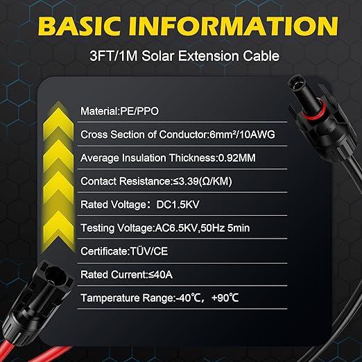 3Ft Solar Cable Solar Extension Cable,10AWG Solar Panel ExtensionCable with Female and Male Connectors,Waterproof Solar ExtensionCable Kit (Red and Black).