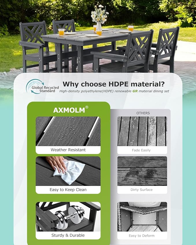 6 Piece HDPE Outdoor Dining Set for 4 Patio Dining Furniture Set with Umberlla Hole, Weather Resistent Outdoor Table and Chairs for Garden, Poolside, Backyard, Deck, Grey