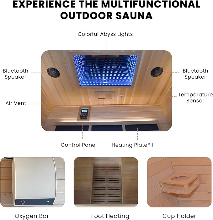 Outdoor Sauna 4 Person Infrared Saunas Outdoor Dry Sauna Room Wood Wooden Sauna Canadian Fir Red Cedar Low EMF 2600W/240V with Oxygen Bar, 7 Color Light, Control Panel, Speaker - 62.2" x 46.9" x 81.9"