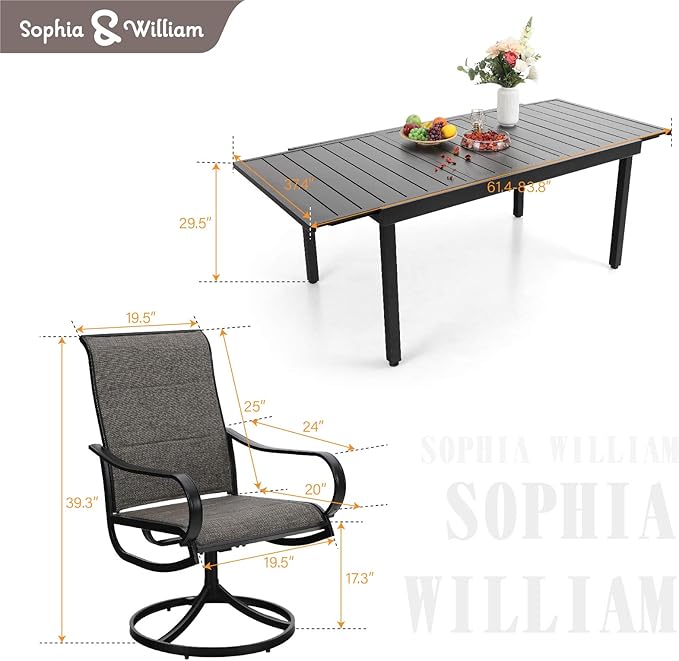 Sophia & William Patio Dining Set 9 Pieces Outdoor Metal Furniture Set, 8 x Patio Dining Swivel Chairs Padded with 1 Expandable 6-8 Person Table for Lawn Garden