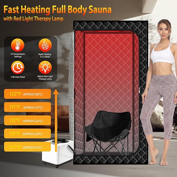 Gollense Portable Sauna for Home with 660nm Red Light Therapy Lamp, Full Body Sauna Sweat Tent with 3L 1100W Steamer, Thicken Sauna Box, Folding Chair, Adjustable Temperature, Timer Setting, Black