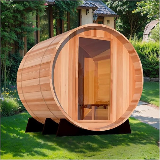Outdoor Barrel Steam Sauna for 2 Person, Canadian Hemlock Wood, 4.5KW Harvia Heater, 8mm Tempered Glass, Sauna Stone, Water Bucket, Ladle, Lights, 220V, 195°F