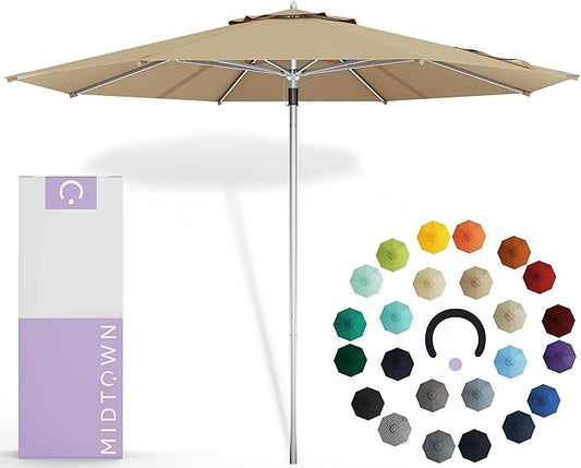 Midtown Umbrellas Push Pop Sunbrella Umbrella 10 Feet Large Outdoor Umbrella With Heather Tan Acrylic Fabric - Deck Patio Umbrella, Backyard Umbrella, Garden Umbrella & Pool Umbrella - Black Pole