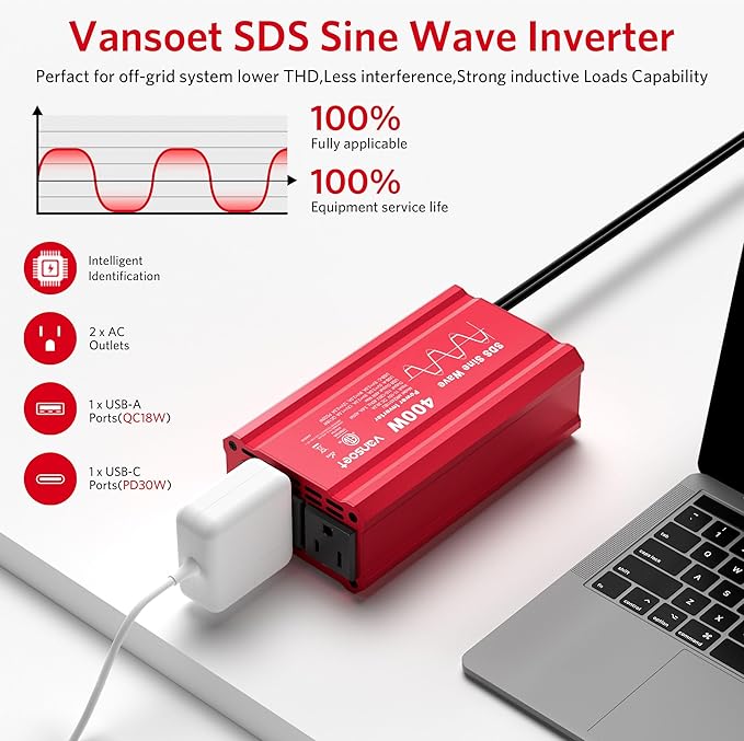 400W Peak Clipped Sine Wave Car Power Inverter DC 12V to AC(2 Outlets) 110V Car Charger Plug Adapter Power Converter with PD3.0 & QC18W Dual USB Charging Ports