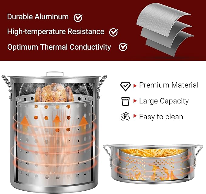 Turkey Fryer with Boiler Steamer Set Basket & 55000BTU Propane Burner, Outdoor Deep Fryer & Seafood Crawfish Boil Pot with Thermometer, Marinade Injector, Turkey Rack & Rack Lifter-OT-3020