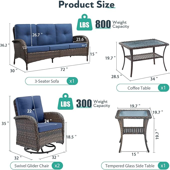 5 Piece Patio Furniture Set - Wicker Patio Conversation Set with Swivel Glider, 3 Seat Sofa, Tempered Glass Side Table and Coffee Table for Deck Backyard - Brown Wicker Blue Cushion