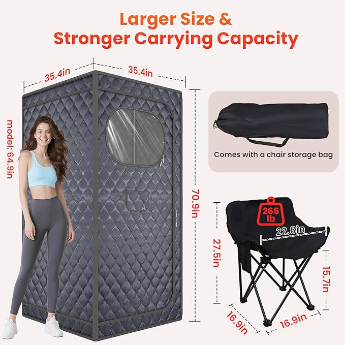 Portable Sauna for Home, Upgraded Personal Steam Sauna Box with 3L 1200W Steamer, Folding Chair, Extra Large Size Foldable Home Sauna 3’X 3’X 5.9’, Full Body Sauna Tent for Relaxation Spa, Gray