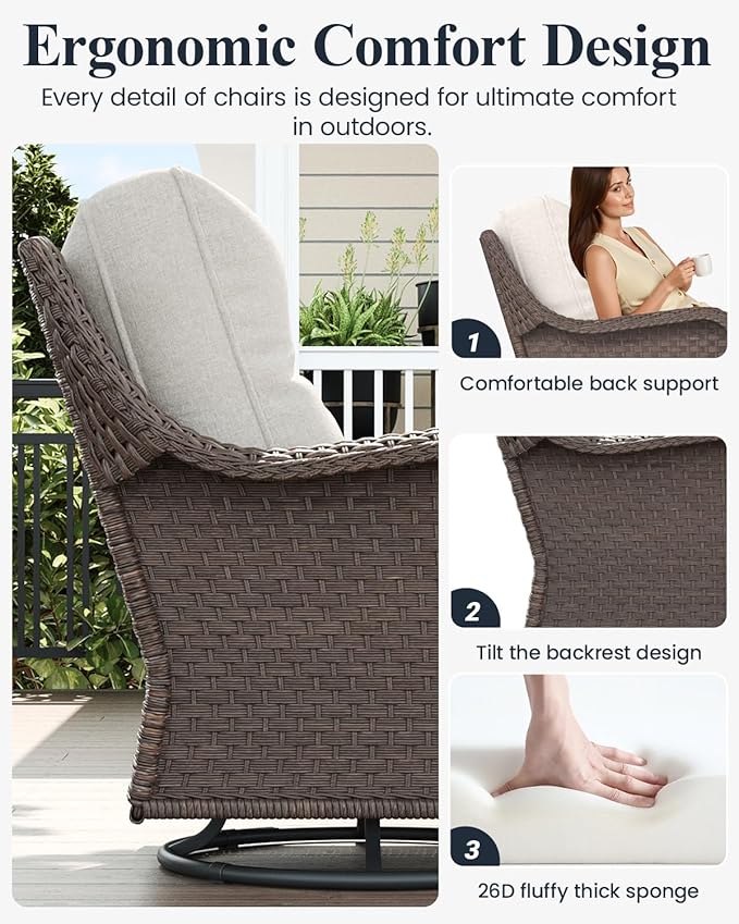 LayinSun 6 Piece Wicker Outdoor Furniture Set with 6-inch Comfy Cushions, High Back Patio Furniture Set with Swivel Rocking Chairs and Side Table
