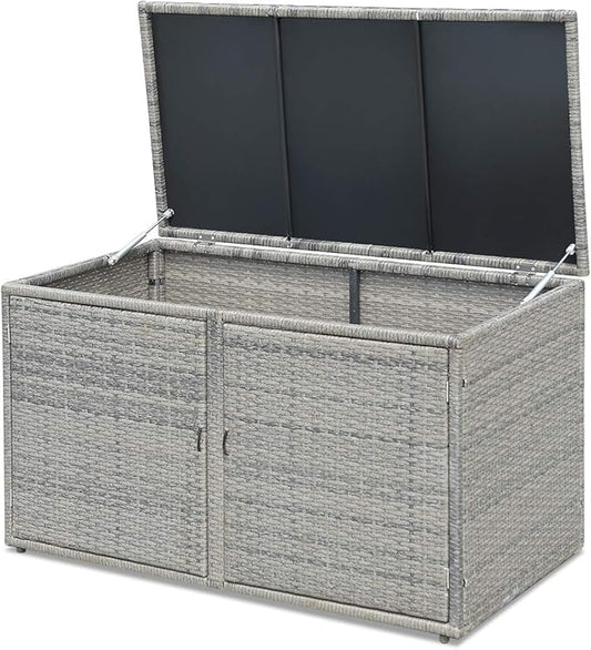 LDAILY Rattan Storage Box, Wicker Storage Box with 2 Shelves, Outdoor Deck Box, Backyard Garden Storage Box with Lid, Rattan Storage Box for Storing Accessories, Tools and Toys - Grey