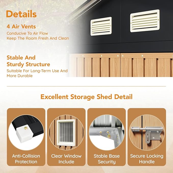8X6 FT Garden Storage Shed with Lockable Door,Steel Tool Shed with 1 Clear Window, Anti-Corrosion Metal Shed for Backyard Patio Lawn (Wood Panels & Frame Floor Not Included)(Light Wood Grain)