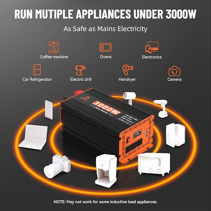 3000W Power Inverter 12V DC to 110V/120V AC Converter for RV/Truck/Boat/Camping/Off-Grid Solar Car Power Inverter Peak Power 6000W with 3 AC Outlets,USB & Type-C Port, Remote Controller & LCD Screen