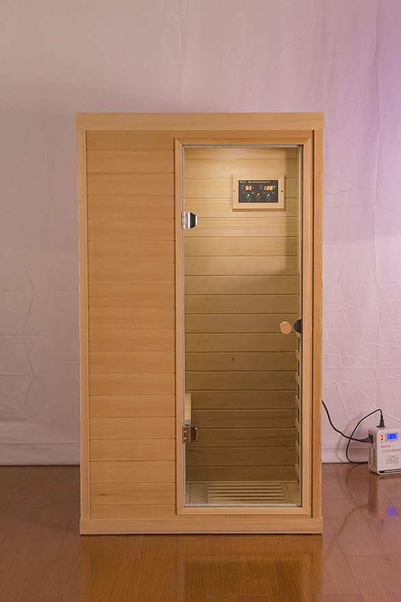 Infrared Sauna Home Sauna Box 1 Person Infrared Sauna Dry Sauna Far Infrared Sauna Indoor Sauna Hemlock Mini Single Person Sauna for Home on The Right of The Indoor Sauna Room, Natural