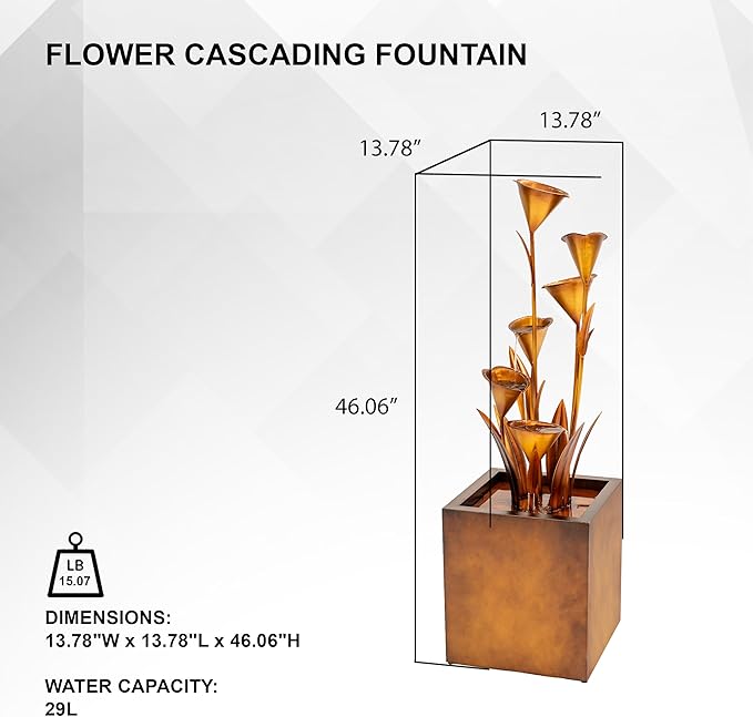 XBrand Metal Sculptural Multi-Tiered Flower Water Fountain, No LED Lights, Bronze, 46" Tall