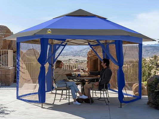 CROWN SHADES 13x13 Pop up Gazebo with Mosquito Nettings, Patented Center Lock 6-Sided Portable Gazebo, 300D Silver-Coated Fabric UV Resistant, Pop Up Canopy Tent for Patio, Party, Blue&Light Grey