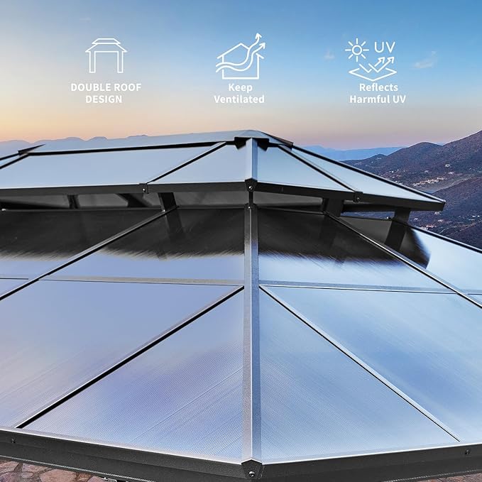 YOLENY 12'x20' Hardtop Gazebo, Outdoor Polycarbonate Double Roof Canopy, Aluminum Frame Permanent Pavilion with Curtains and Netting, Sunshade for Garden, Patio, Lawns