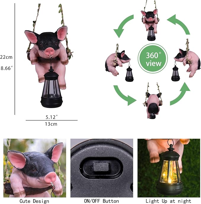 Hanging Pig Garden Lantern, Solar Light Holder, Outdoor Decorative Animal Statue with Rope
