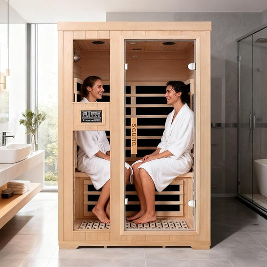 Homsido 2-Person Low EMF Far Infrared Sauna for Home,Canadian Hemlock Wood with Red Light Therapy,Bluetooth Speakers,Chromotherapy Lights,1850W Heater,Tempered Glass Door&LCD Control Panel