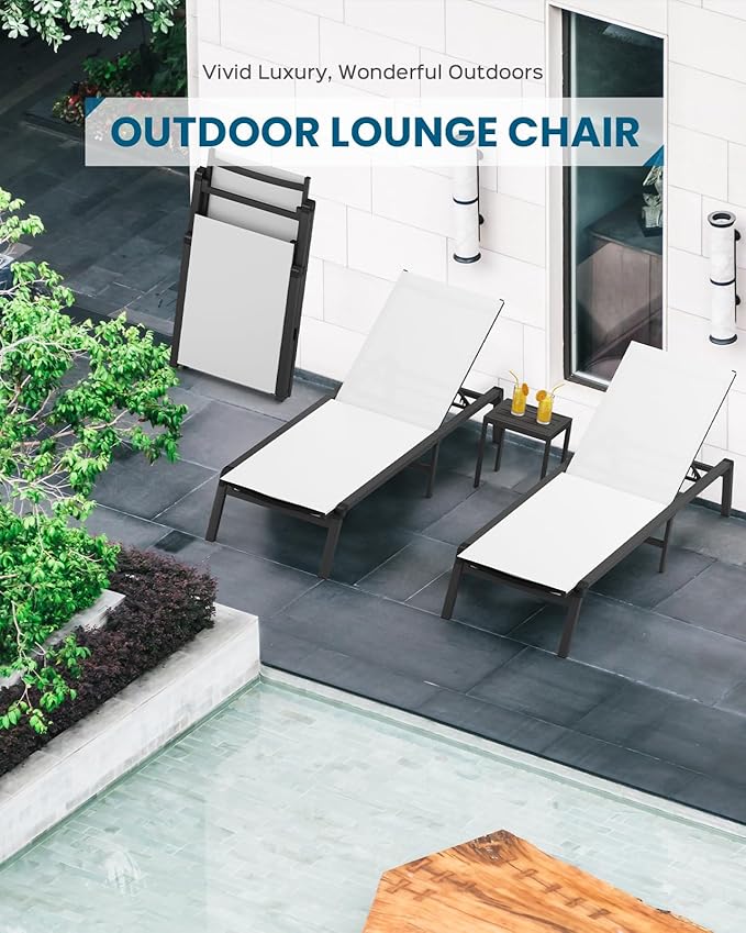 Foldable Pool Lounge Chairs, Aluminum Chaise Lounge Outdoor with 5 Positions Recliner - Free Assembly - Patio Lounge Chair for Poolside, Beach (White)