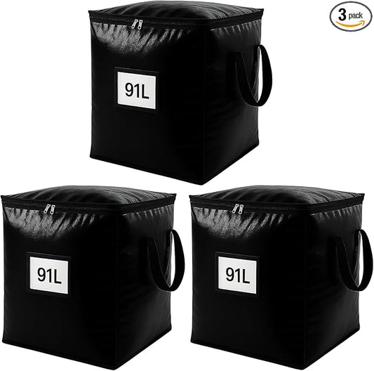 3 Pack Extra Large 91L Heavy Duty Moving Bags – Waterproof Foldable Storage Totes with Reinforced Handles for Clothes, Blankets, Bedding, Pillows, Toys & Christmas Decorations