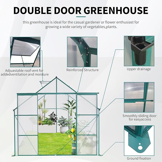 Favfurish 8X8 FT Greenhouses for Outdoors,Polycarbonate Greenhouse, Aluminum Heavy Duty Walk-in Green Houses, Adjustable Roof, Raised Base and Double Sliding Door for Outside Backyard, Green