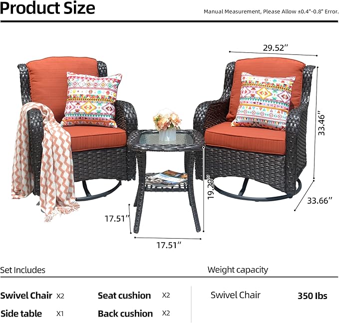 HOOOWOOO Patio Furniture Set,3 Piece Outdoor Furniture with Swivel Chairs,Wicker Patio Bistro Chairs Set,Orange Red