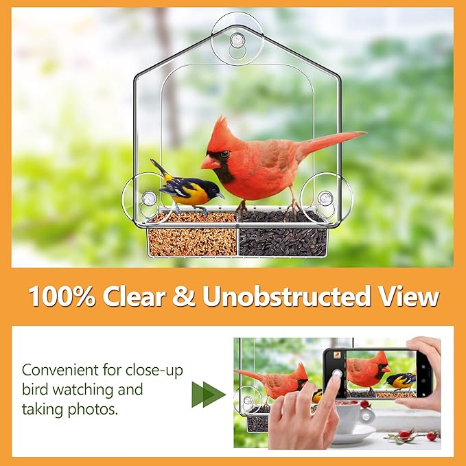 LUJII All One Piece Window Bird Feeder with Strongest Suction Cups, All One Piece No Glue, Lift-Out Tray with Drainage Holes, Large Enough for Larger Birds Like Cardinal or Mocking Birds, Clear
