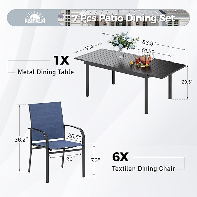 7 PCS Patio Dining Set for 6, Rectangular Extendable Dining Table with 6 Metal Chairs, Outdoor Table and Chairs Set for Lawn Garden Backyard and Deck, Blue