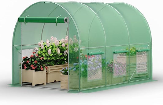 Walk-in Greenhouse 10×7×7FT, Outdoor Tunnel Greenhouse, Large Plant Hoop House for Outside, Hot House for Winter with 6 Ventilated Mesh Windows, Galvanized Steel Frame (Green, 10×7×7FT)