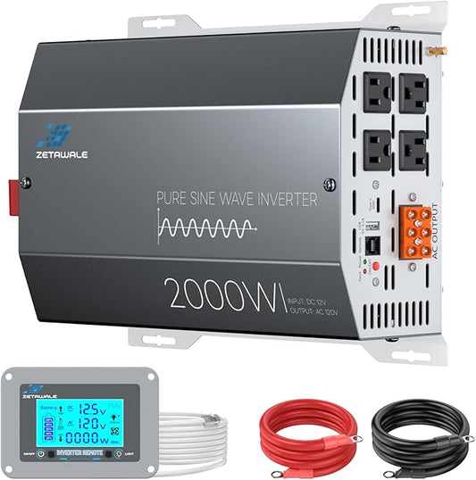 2000 Watt Pure Sine Wave Inverter 12v DC to 110v 120v AC Converter,4000W Peak Power Inverter with 4 AC Outlets,USB Port,Type-C,Remote Control LCD Display for Truck, RV, Vehicles, Solar Off-Grid