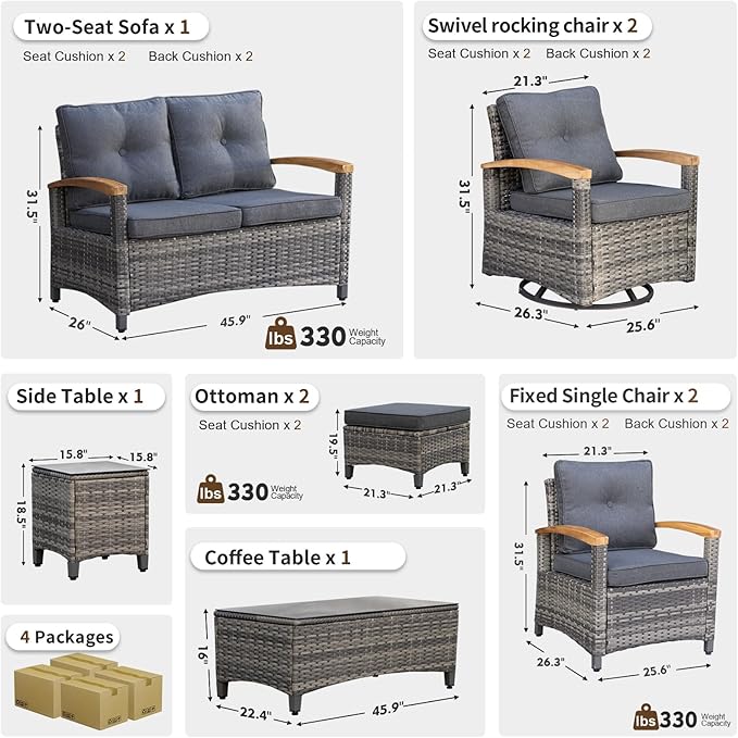 MEISSALIVVE 9 Pieces Outdoor Patio Furniture Sets,PE Wicker Patio Conversation Sets with 2 Wood Armrests Swivel Rocker Chairs,2 Single Chairs, 2-seat Sofa and Coffee Table(Grey)