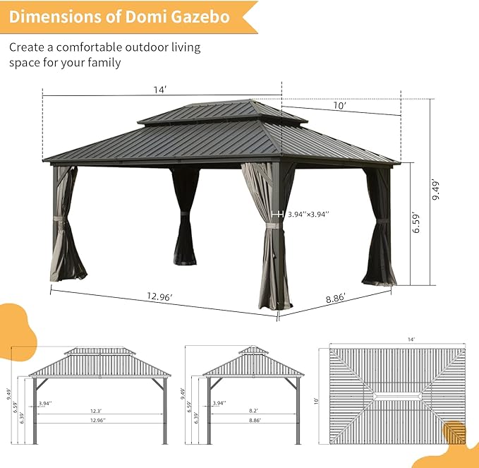 Domi 10' x 14' Hardtop Gazebo Permanent Metal Gazebo with Galvanized Steel Double Roof, Curtains and Netting for Outdoor Dining, Party, Patio, Backyard, Grey
