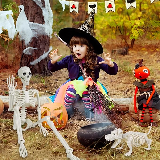 YUJUN 36'' Halloween Skeleton Decoration with Dog Skeleton, 3ft Full Body Posable Skeleton Realistic Plastic Bones Movable Joints for Halloween Party Yard Haunted House Props Indoor Outdoor Decor
