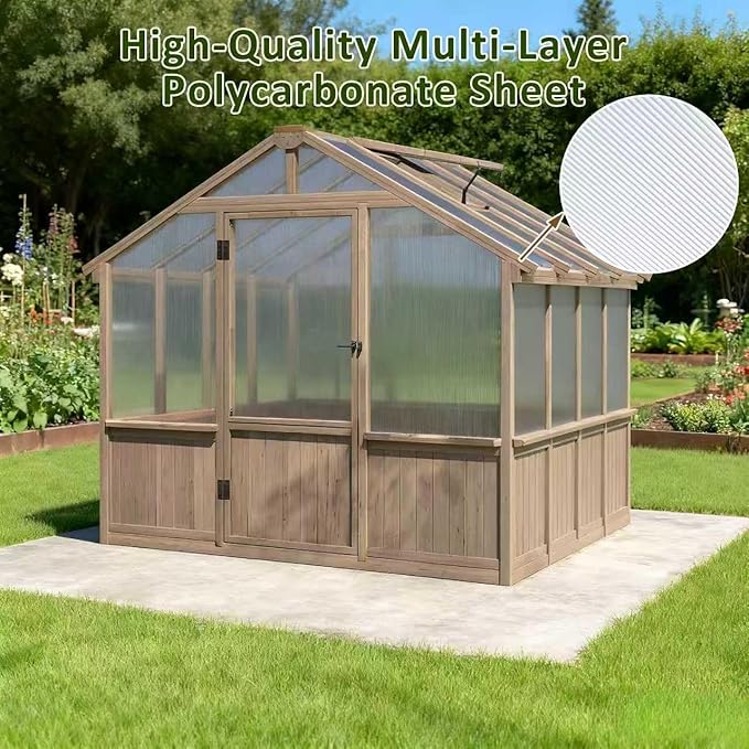 Greenhouse for Outdoor, 6x8ft-8x12ft Wooden WAK-in Greenhouse Kitwith 6MM Thick Polycarbonate Panel, Lockable Door & Adjustable Roof Vent ，Backyard Garden ﻿ (Light Mocha Brown, 6x8 FT)