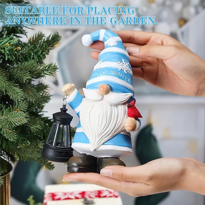 Tuanse 8" Hello Winter Christmas Gnome Decorations for Outdoor Resin Garden Gnome Holding Lantern with Solar Lights and Cardinals Snowflakes Figurine for Porch Christmas Outdoor Patio House Decoration