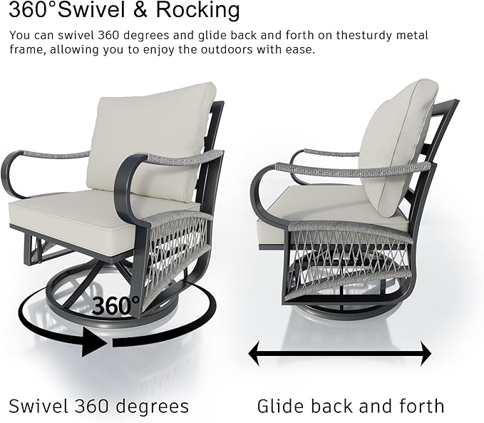 8 Pieces Outdoor Patio Conversation Sets with All Weather Cushions, Metal 2 Three-Seater, 2 Swivel Rockers, 2 Single Chairs, 1 Side Tables, 1 Fire Pit Table for Backyard Deck Porch Poolside, Beige
